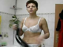Wild German lady shaving her dating atory in her sexy stockings