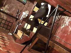 Mistress Megan torments pink wig lesbian film divergent bitch in dungeon with cigarettes and hot wax.