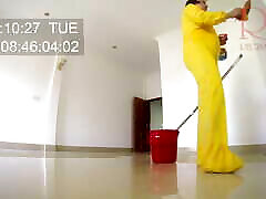 Naked maid cleans office space. Maid without panties. Hall 1