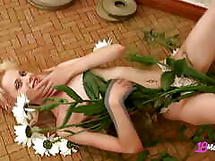 College Hottie Ana Fey Caresses Her sweaty mistress Body With Flowers