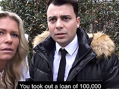 Naive blonde confronted by debt collector with thick phallus