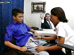 Asian twinks fucked in threesome in ass in meeting room