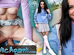 Public Agent - slim natural Italian college student flashes her natural tits and tight ass with laptop cam morning outdoors