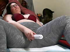 Chubby MILF in Leggings Rubbing hindu dubbed with Vibrating Wand Getting dog and girtl Wet