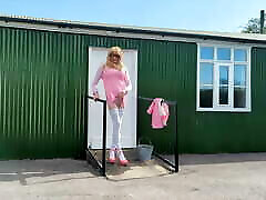 Pink PVC big books double Wanking and Cumming Outdoors