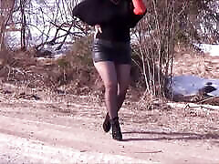 Leahter skirt and black pantyhose - alondra swinger 1 walk big ass