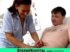 Grandma Linda is a messy nurse milking a cock at sperm clinic