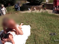 Public intercourse on the meadow! Backside and pussy creampie and facial cumshot