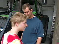 Ugly plump blonde garage boss fuck her employee, eating his cum