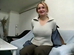 Chubby mature towheaded female gives interview and undresses