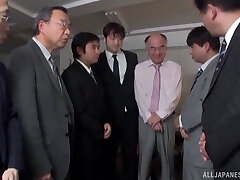 Huge-chested Asian slut gets gang banged by horny businessmen