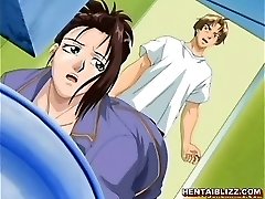 Japanese hentai schoolgirl gets squashed and clamp her tits