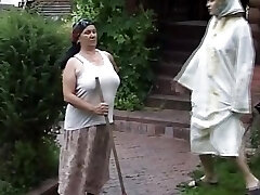 A sexy German grandmother and teen getting their holes smashed by three cocks