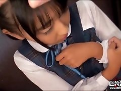 Beautiful schoolgirl Airi Sato opens mouth wide and gets throat screwed
