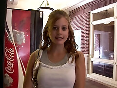 Sweetly beautiful first-timer pulls up her top and flashes her tits