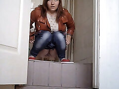 White stranger chubby white lady in the toilet room
