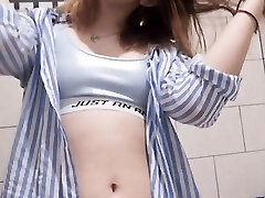 Nice naked bathroom striptease onanism with passionate orgasm