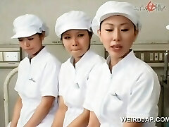 Japanese nurses slurping cum out of loaded shafts in group