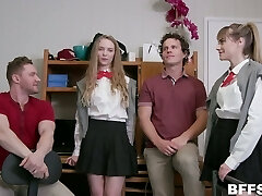 Sizzling college chick Nova Skies invites pals for hardcore group orgy