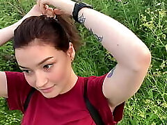 public outdoor blowjob with internal ejaculation from shy girl in the bushes - Olivia Moore