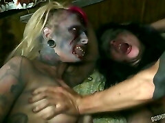 Skinny freak fucks two dumpy whores with gross cruel make up rock-hard