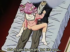 Pink haired hentai doll fucks her masters dick in dorm bed