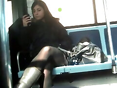 Voyeur video from public bus - brunette chick in ebony pantyhose