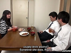 Too tired husband falls asleep while his colleague smashes his wife Risa Kurokawa