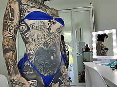Red and Blue Cut out Micro Bikini attempt on Melody Radford