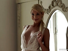 Bombshell in dreamy sheer lingerie aroused and fucked by a stud