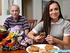 Rimmed teen beauty takes grandpa jism in mouth