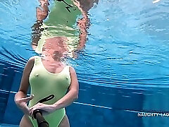 My transparent when wet one piece swimwear in public pool