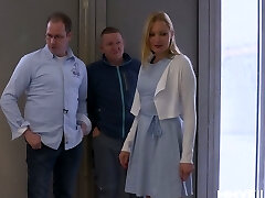 Young platinum-blonde Kitty Blair is fucked by two old and insatiable guys