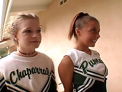 Cheerleader in panties slurping balls in ffm porn shoot