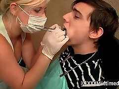 Dental Hygenist Wearing Spandex Gloves and Mask Makes Patiend Cum From Handjob