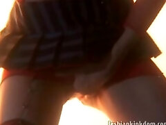 Stockinged lesbian hottie vibrating wet pussy