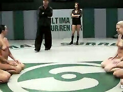 Four sexy chicks in bathing suit wrestle and finger pussies