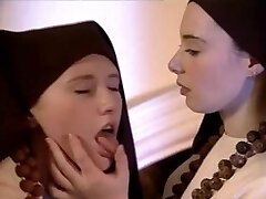 Two teen nuns poke a priest