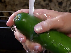 A Desperate Housewife Uses Cucumber and Carrot as a Substitute for a Gigantic Hard Cock