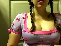Chubby Brunette Teen with Big Natural Tits Smoking in Ponytails