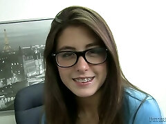 Nerdy wonderful brunette girlie undresses and switches to suck strong weenie
