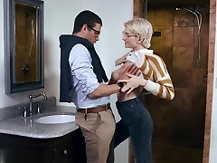 Brief haired blonde with glasses, Skye Blue got pounded after giving a blowjob to a friend