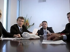 Busty redhead secretary slut deep-throats dicks in office orgy