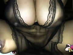 Humungous boobs step mom in black see through