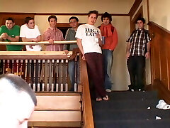 Humungous slit redhead coed gets pussy pounded by two frat guys in frat house