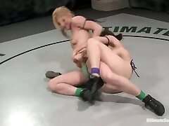 Blonde sucks a strap-on and gets toyed after a fight