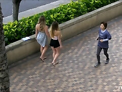 Outdoor performance with bikini ladies kissing and finger-tickling beach sex