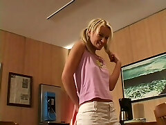 Pigtailed babe in micro-skirt enjoys tough anus pounding and swallows cum