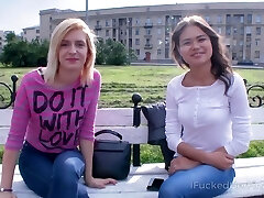 Two amateur pretty damsels are picked up for crazy threesome sex