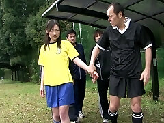 Japanese soccer nubile gangbanged on the football field